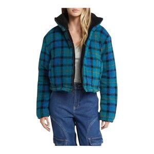 BP. Reversible Crop Faux Shearling Jacket in Blue Classic Tartan NWOT